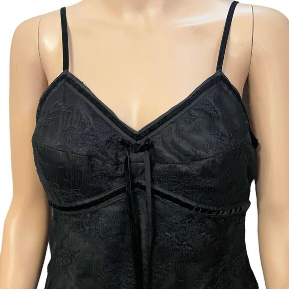Y2K Lace Babydoll Tank Top Small Black Witchy Whimsigoth Velvet Trim Bow Long - Picture 2 of 10